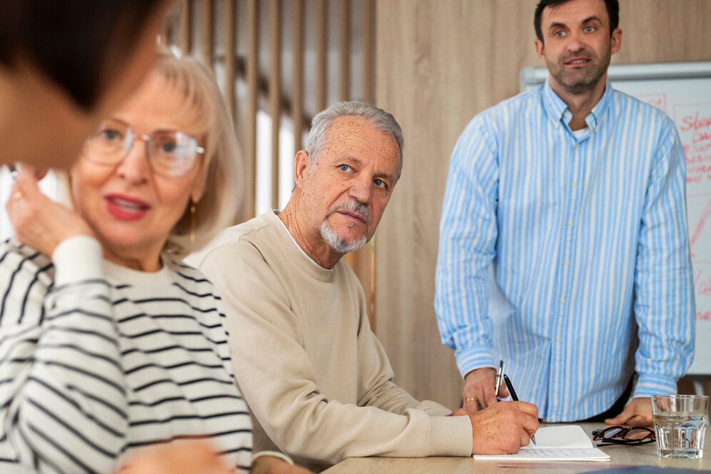 Couple negotiating senior care costs with financial advisor