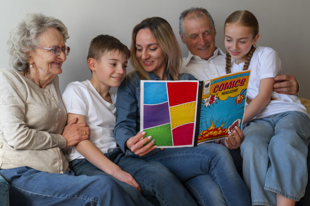 Family helping elderly loved one with digital memory book for dementia care