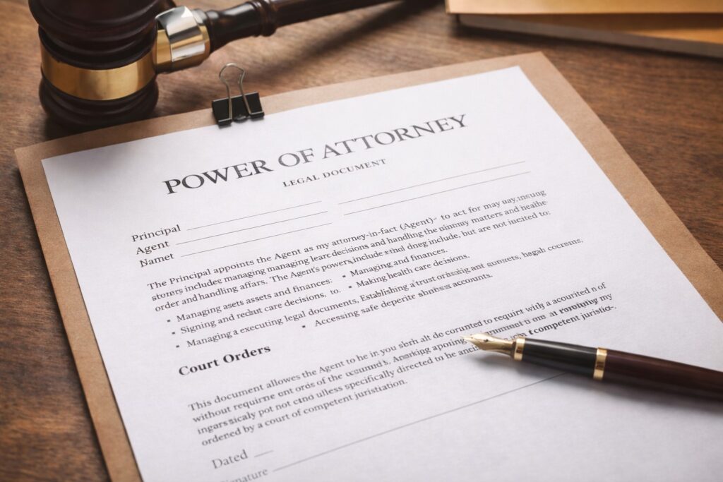 Blog Pix Court Doc - For My Parents Care A Power of Attorney document on a clipboard, accompanied by a pen and a gavel
