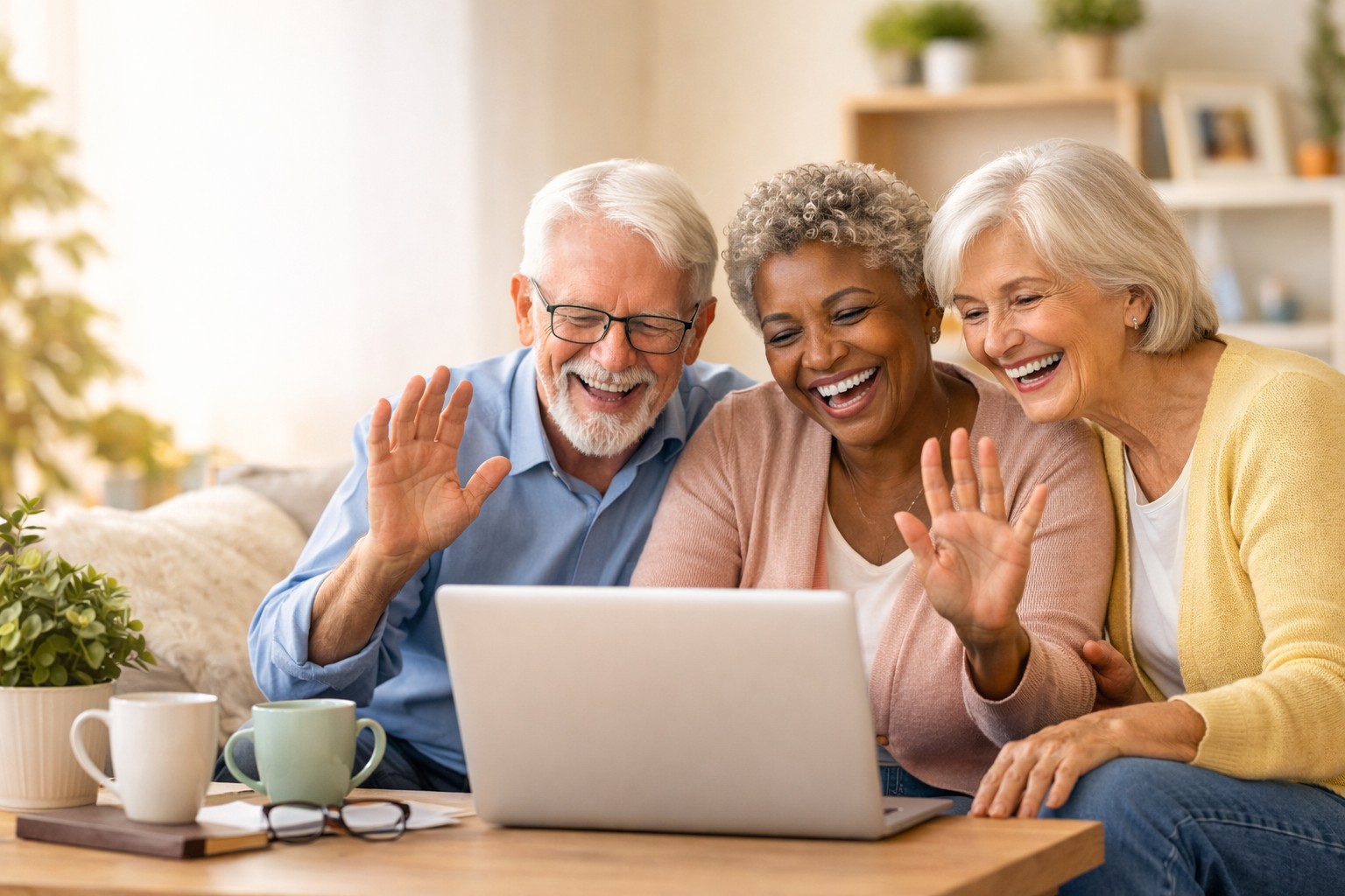 Three diverse seniors sitting together on a sofa, laughing and waving happily at a laptop during a video call.