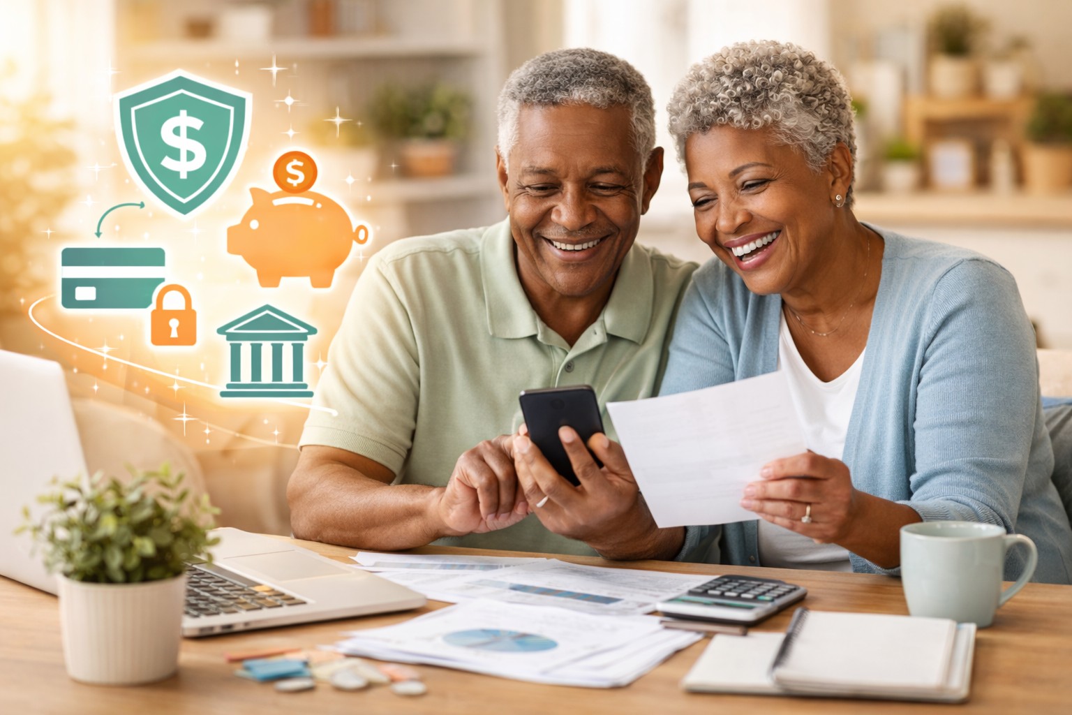 A senior couple happily managing their finances at a desk using a smartphone and paperwork, accompanied by glowing graphic icons representing secure online banking and savings.