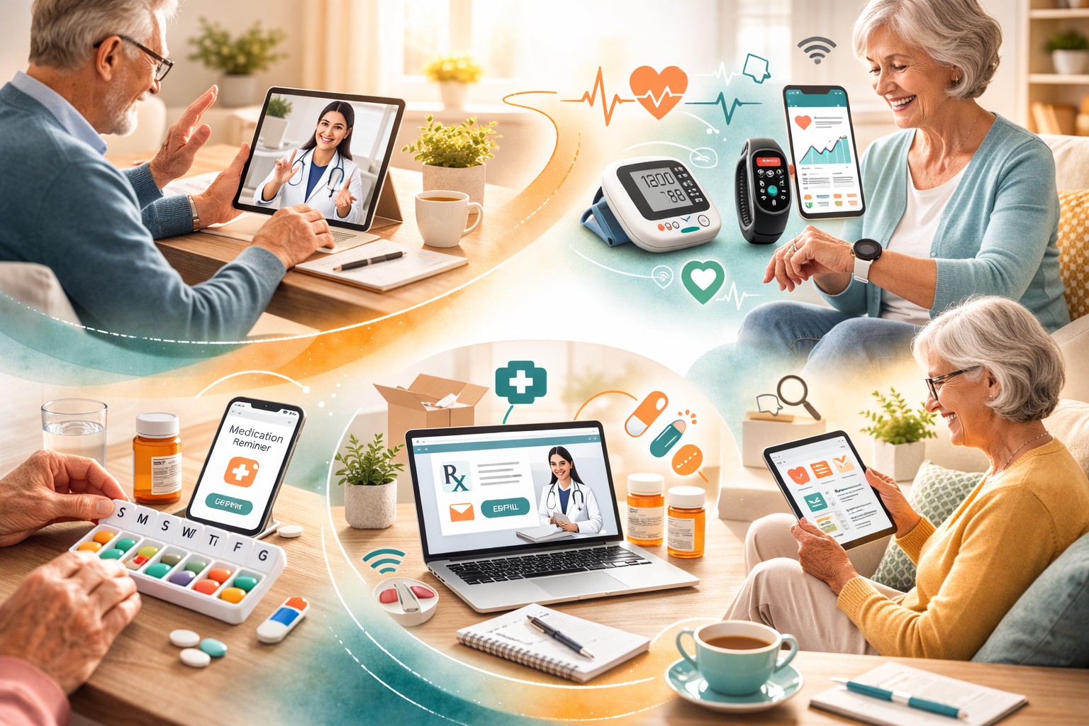 A collage illustrating seniors managing their health with technology, including a telehealth video consultation, a digital blood pressure monitor, a smartwatch, and a digital medication reminder app.