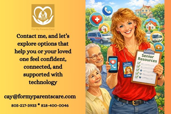 Contact graphic for "For My Parents Care" featuring an illustration of a cheerful care coordinator holding a "Senior Resources" clipboard, standing next to an older couple, alongside phone and email contact details.
