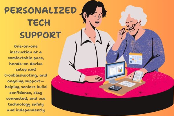 A graphic titled "PERSONALIZED TECH SUPPORT" featuring an illustration of a young man patiently helping an older woman navigate a computer and smartphone.