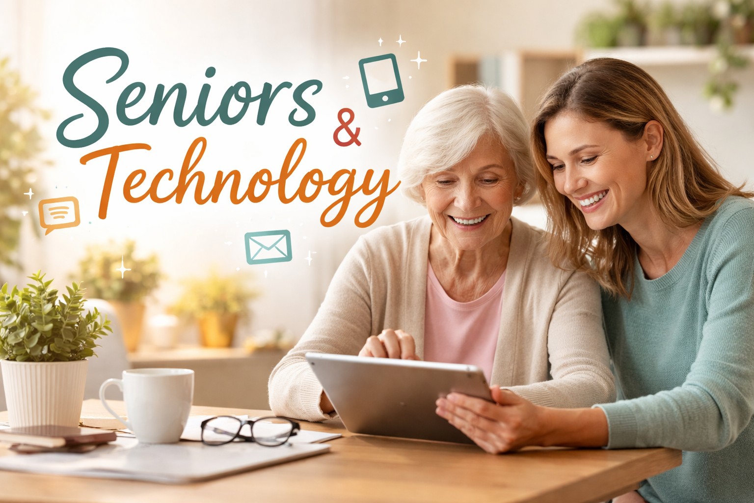 A younger woman and an older woman smiling together while looking at a tablet, surrounded by the text "Seniors & Technology" and floating digital communication icons.