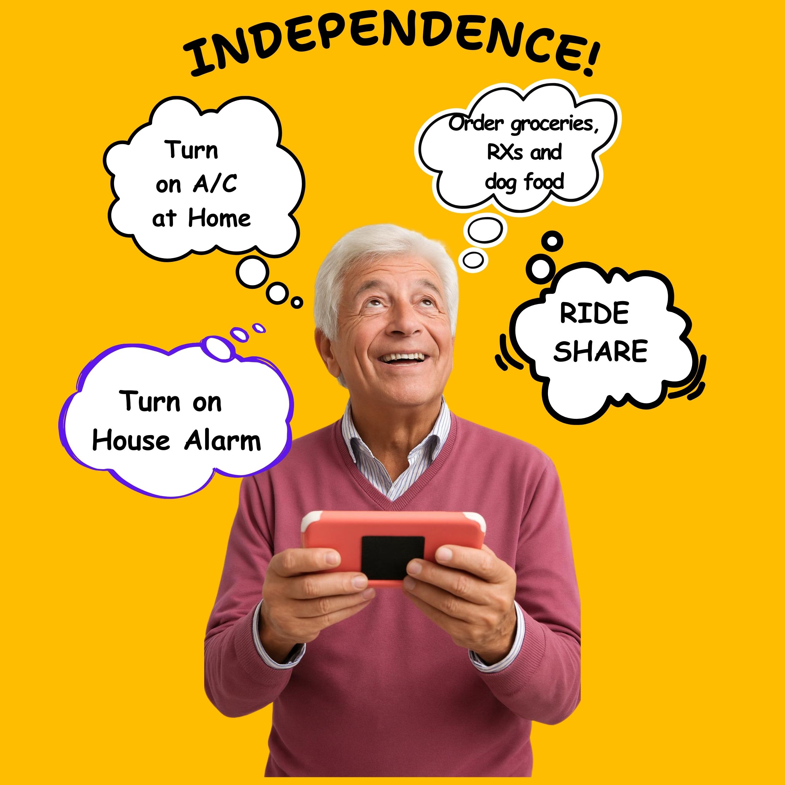 An older man holding a smartphone and smiling upward at thought bubbles that say "INDEPENDENCE!" and list tasks like using rideshare, ordering groceries, and controlling smart home devices.